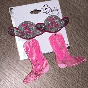 NWT Let's Go Girls Cowboy Hat & Boots Glitter Earrings pink silver